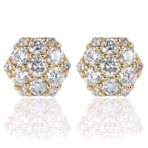 Flower Octagon Yellow Gold 925 Sterling Silver Cluster Stud Screw Back Earrings